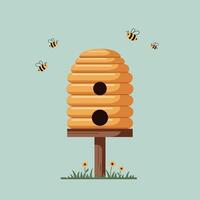 A vibrant beehive surrounded by buzzing bees in a flat and minimal design style showcasing natures harmony in art vector