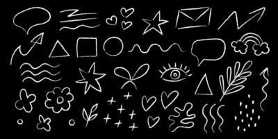 Charcoal doodle art featuring various shapes and symbols on a dark background vector