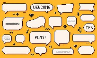 Pixel dialogue boxes. Speech bubbles drawn in 8 bit Y2k style with some tiny dark elements. vector