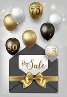 The opened black envelope contains a card with big sale written on it, and balloons with discounts flying out. vector