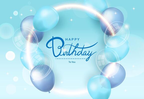 Circular neon lines on light blue background, surrounding blue and transparent balloons, happy birthday to you