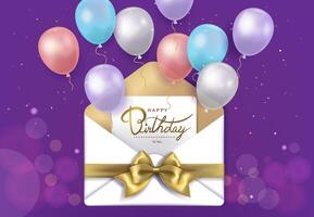 An open white envelope with a birthday card and colorful balloons flying out, purple background vector