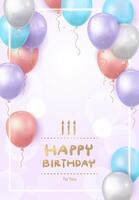 Light purple background with golden Happy Birthday greeting and many colorful balloons flying , upright vector