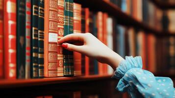 A person is picking up a book from a shelf photo