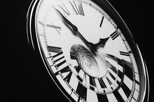 A black and white photo of a clock with roman numerals