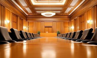A long wooden table in a courtroom with black chairs photo