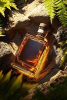 A bottle of whiskey sitting on a rock photo