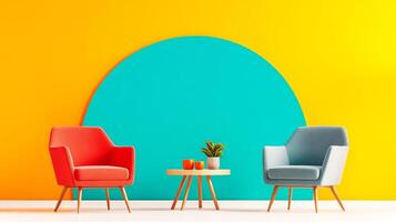 Two chairs and a table in front of a bright orange wall photo