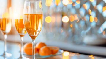 A glass of champagne with oranges on a table photo