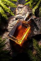 A bottle of whiskey on a rock photo