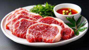 Raw beef steak on a plate with sauce photo