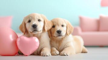 Two golden retriever puppies with a heart shaped balloon photo