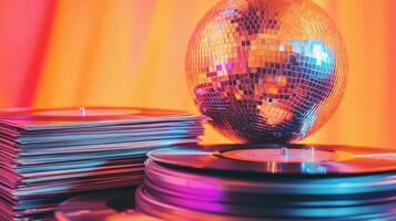 A disco ball and a stack of records photo