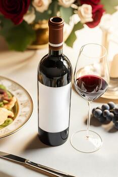 un botella de vino y un plato de comida en un mesa foto