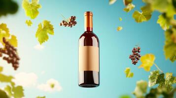 Wine bottle with grapes on a blue sky background photo