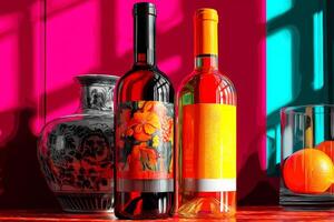 A table with two wine bottles and a vase photo