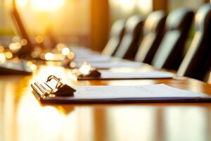 A conference table with a laptop and a pen on it photo