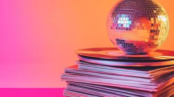 A disco ball on top of a stack of records photo