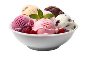 Assorted ice Cream In a white Bowl isolated on transparent background png