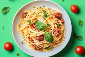 Spaghetti with meatballs and tomatoes on a green background photo