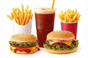 Fast food hamburger, french fries and soda on white background photo