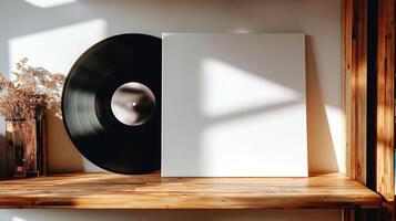 Vinyl record on a shelf with a blank sheet of paper photo