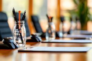 A conference table with pens and pencils on it photo