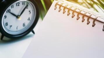 Notebook with blank paper and alarm clock on white background photo