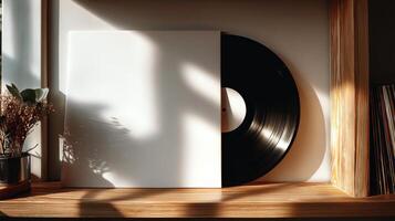 Vinyl record on a shelf with a blank space photo