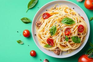 Spaghetti with tomatoes and basil leaves on a green background photo