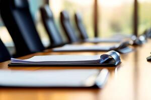 A conference table with a laptop and papers photo
