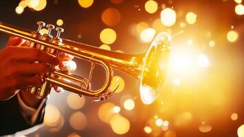 A person is playing a trumpet in front of a bright light photo