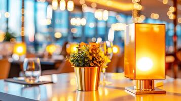 A table with a lamp and a vase of flowers photo