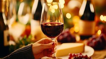 A person holding a glass of wine in front of a table with cheese and grapes photo