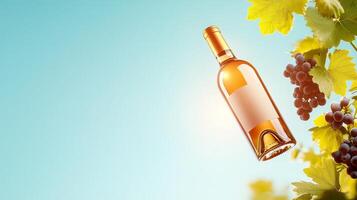 A bottle of wine is hanging from a vine photo