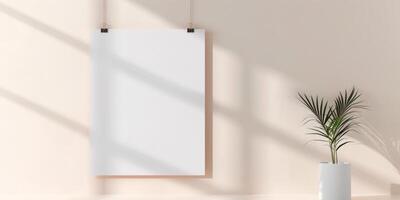 Blank white poster hanging on a wall with a plant in a vase photo