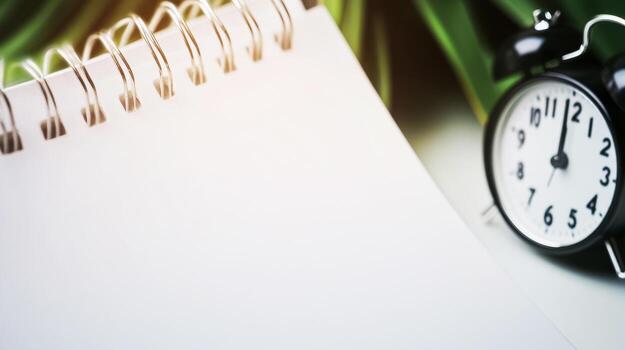 A clock and notepad on a desk with a leaf photo