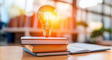 A light bulb is sitting on top of a stack of books photo