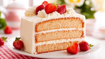 A slice of cake with strawberries on top photo