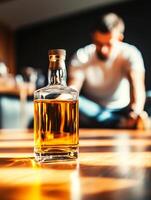 A man sitting on the floor with a bottle of whiskey photo