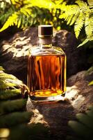 A bottle of liquor sitting on a rock photo
