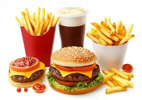 A hamburger, fries and a drink are arranged on a white background photo