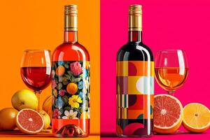 Two wine bottles with fruit and a glass of wine photo