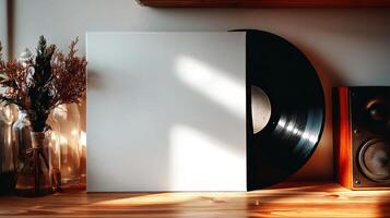 Vinyl record, cd player, and blank white sheet on a wooden table photo