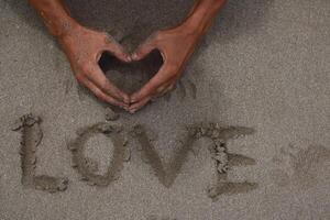 Hands creating a heart shape above the word LOVE written on the beach sand photo