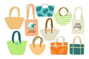 Set of various summer beach bags with vibrant and minimalistic vector