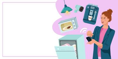 Template of banner for Smart home technology , woman remotely controls home appliances. Design of banner or flyer in flat style, vector