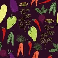 Seamless pattern of vegetables with carrots, peppers, eggplants, and herbs on a dark background. vector