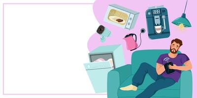 Template of banner with man relaxing on a sofa holding a tablet, surrounded by smart home devices like a microwave, coffee machine, and security camera vector