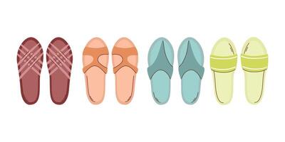 Collection of colorful summer sandals lined up in a row, featuring different styles and colors against a white background. vector